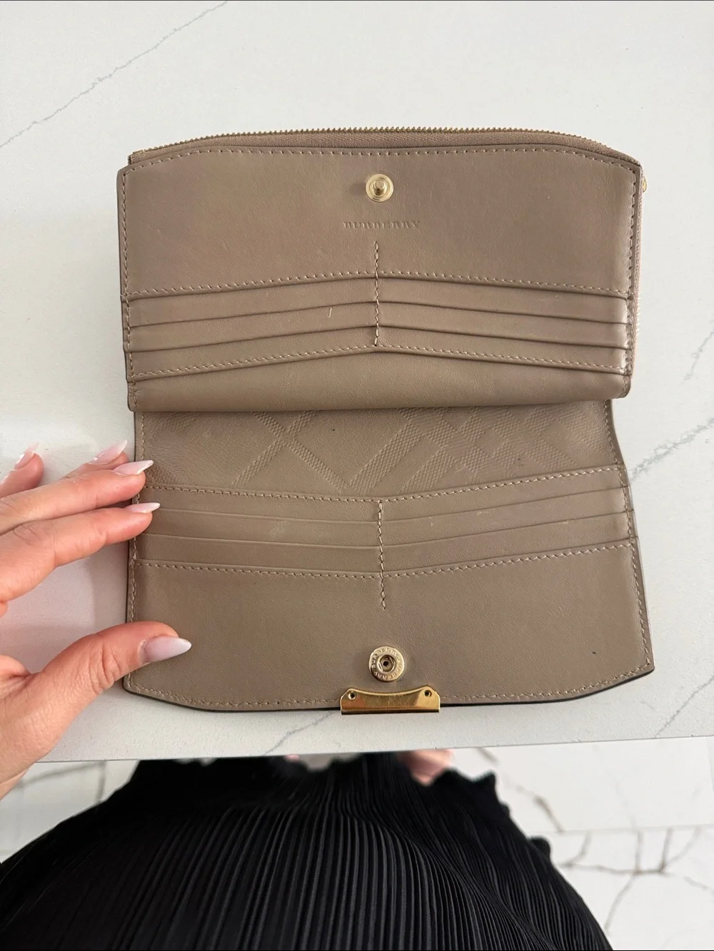 Burberry Taupe Leather Zip Continental Wallet with Gold Plaque